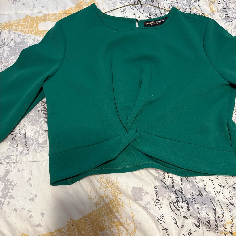 New York & Company Green Crop Tie Front Blouse